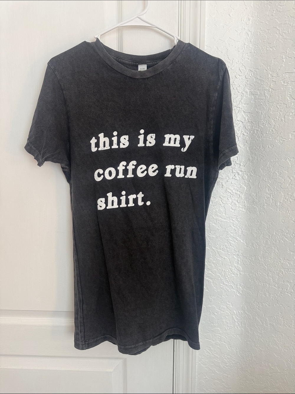 Vici Black Short Sleeve Tee with White "this is my coffee run shirt." Print